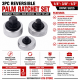 PALM RATCHET SET 1/4” 3/8” 1/2” DRIVE RATCHET SET 3PC REVERSIBLE THUMBWHEEL RATCHET WRENCH SET REVERSIBLE PALM RATCHET WRENCH