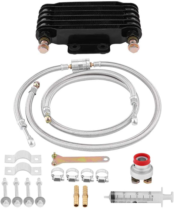 Engine Oil Cooler Kit 85ml, for GY6 100CC-150CC Engine, Motorcycle Oil Cooling Radiator System Set with Braided Hose, Adapter, Clamps, Injector,(Black)